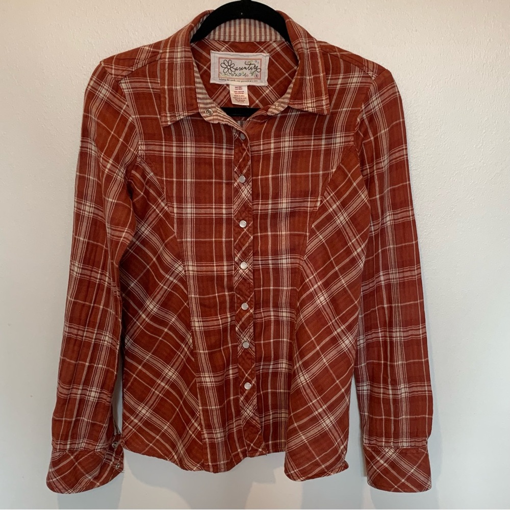 Aventura Rust Plaid Shirt Blouse Top Size S